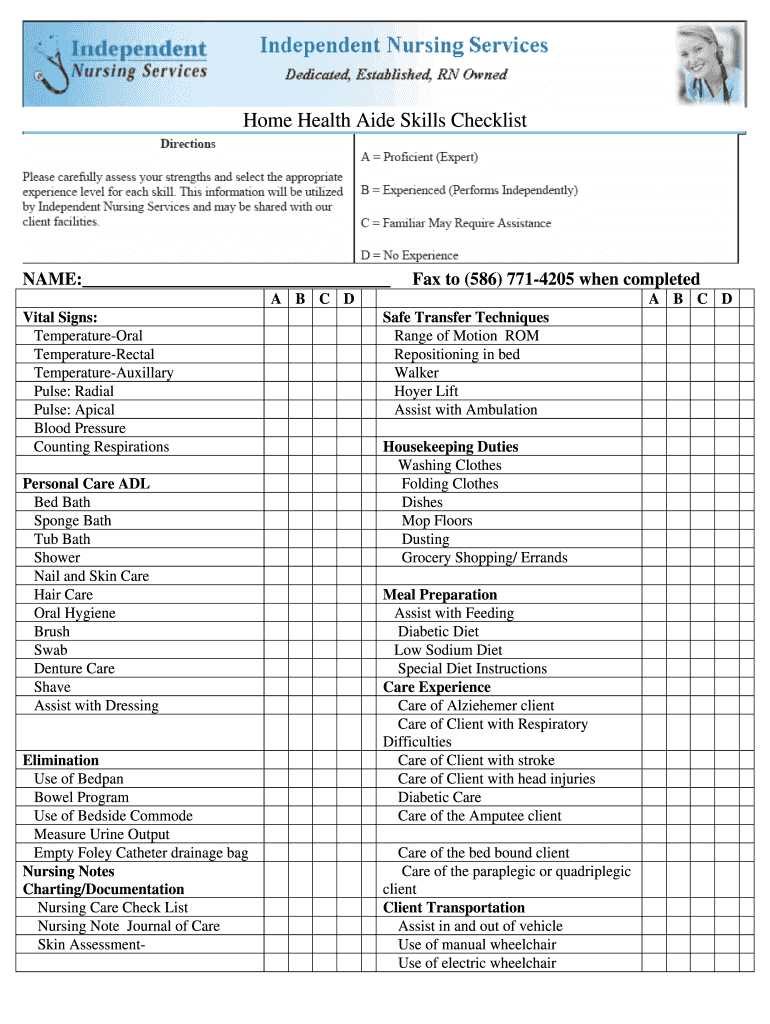  Home Health Aide Skills Checklist 2007-2024