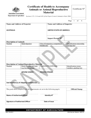 Australia Health Certificate  Form