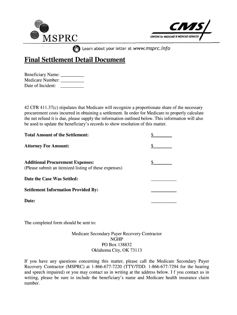 Final Settlement Detail Document Form