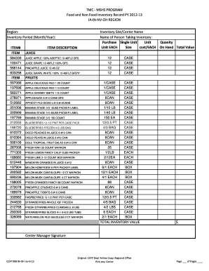 TMC MSHS PROGRAM Food and Non Food Inventory Record PY  Form