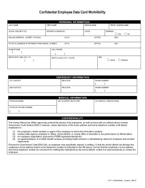 Confidential Employee Data Card WorkAbility  Form