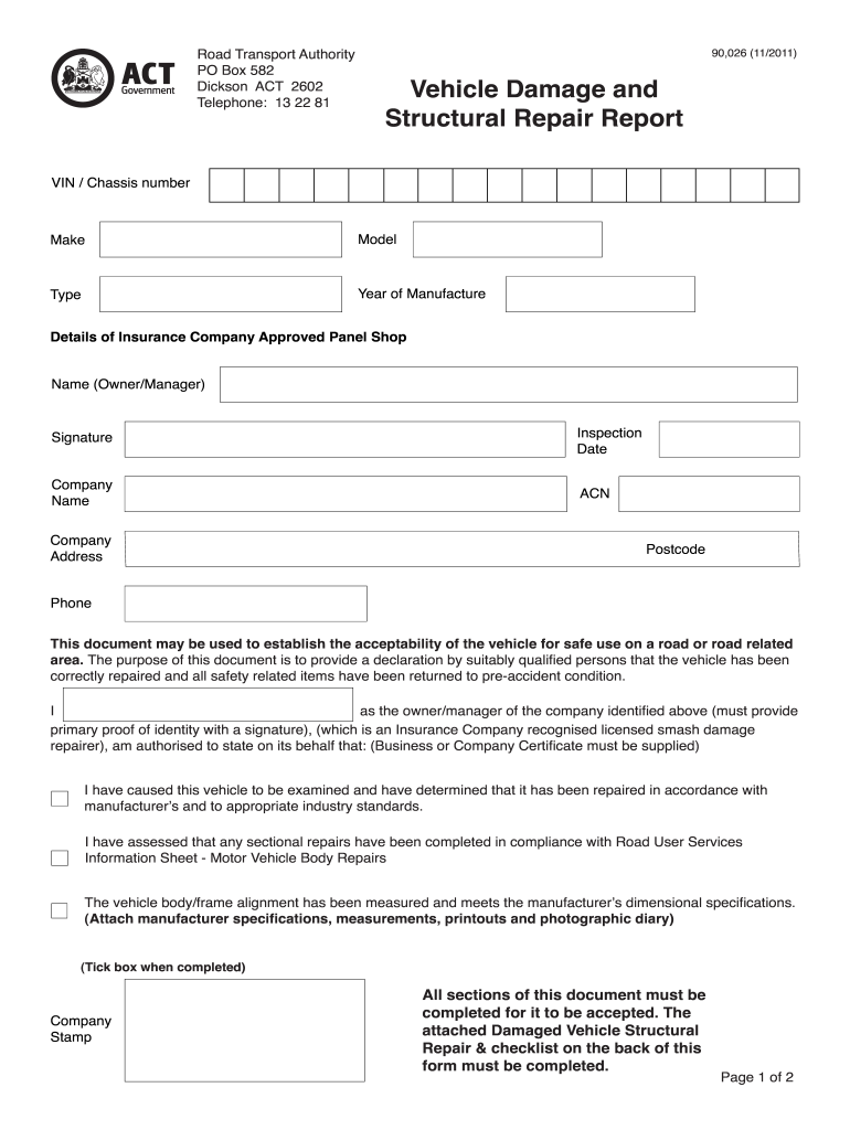 Vehicle Damage and Structural Repair Report  Form