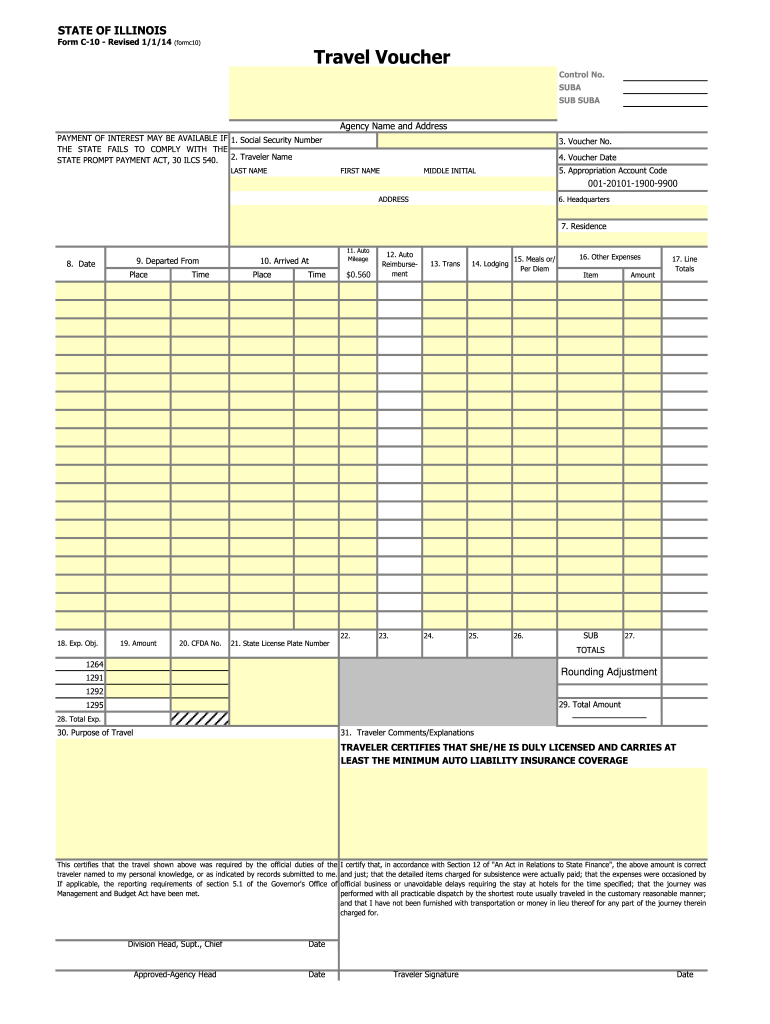  State of Illinois Form C 10 Travel Voucher FY15 for Travel July 1 2014