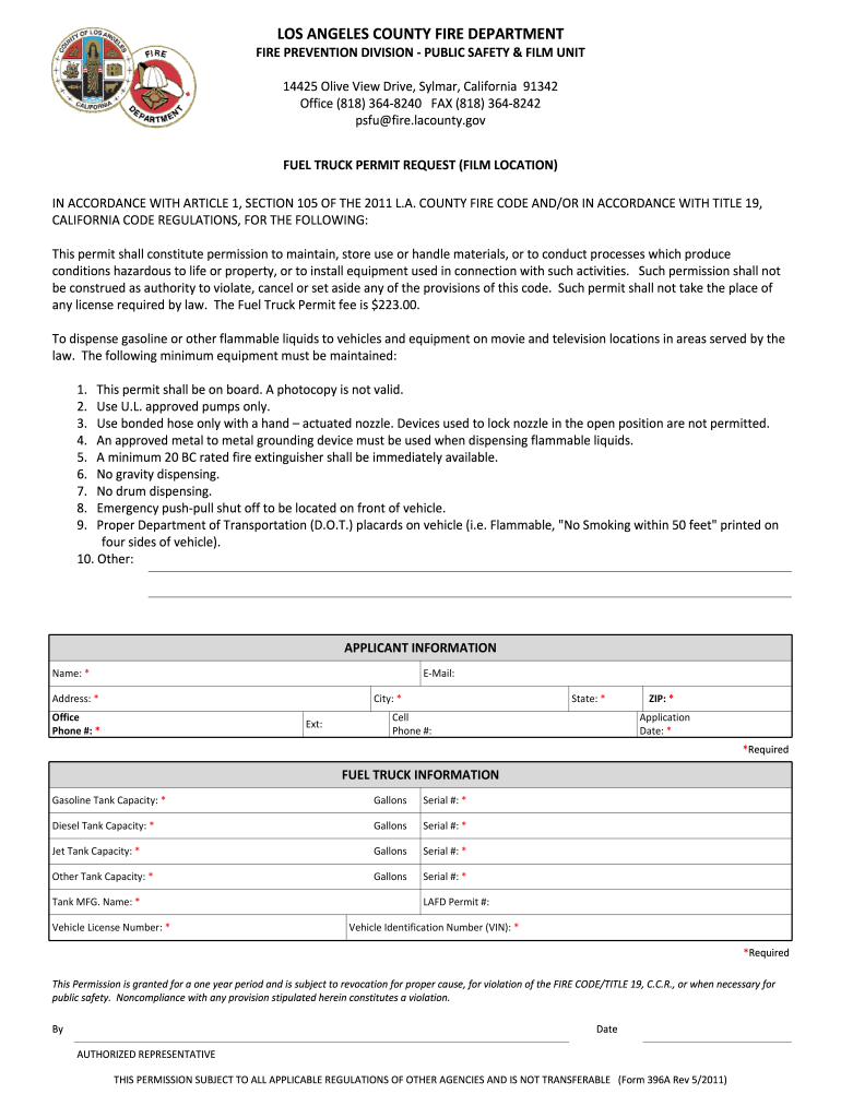 Fuel Truck Permit Film Location Application  Los Angeles County  Fire Lacounty  Form