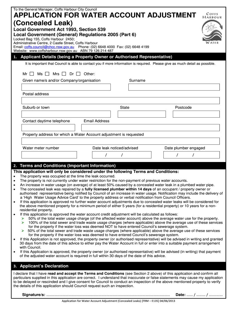 Get and Sign Water Account Adjustment Application Form Concealed Leak 2013-2022