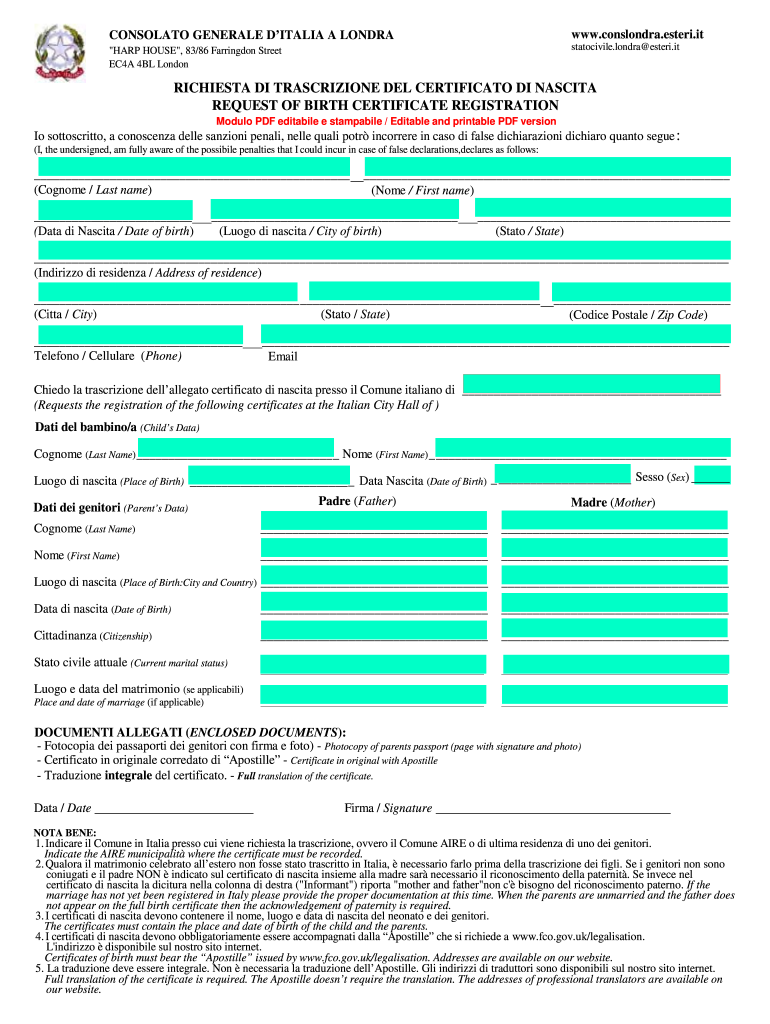 Richiesta Di Trascrizione Del Certificato Di Nascita  Form