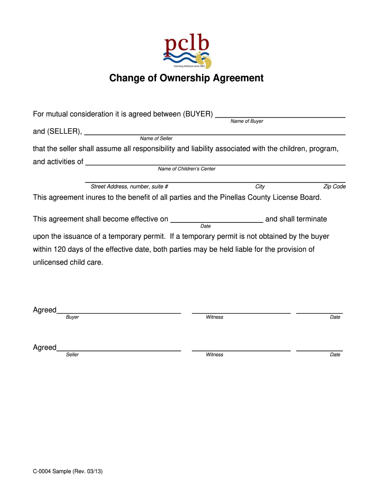 Change of Ownership Agreement  Form