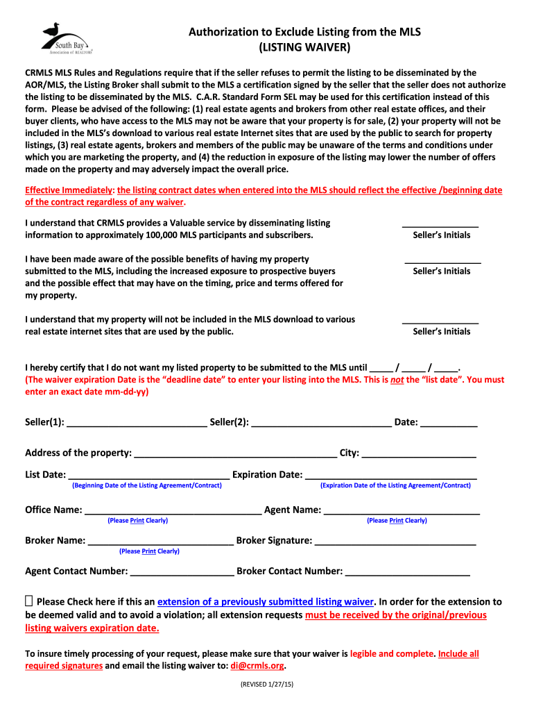  Mls Waiver Form 2015-2024