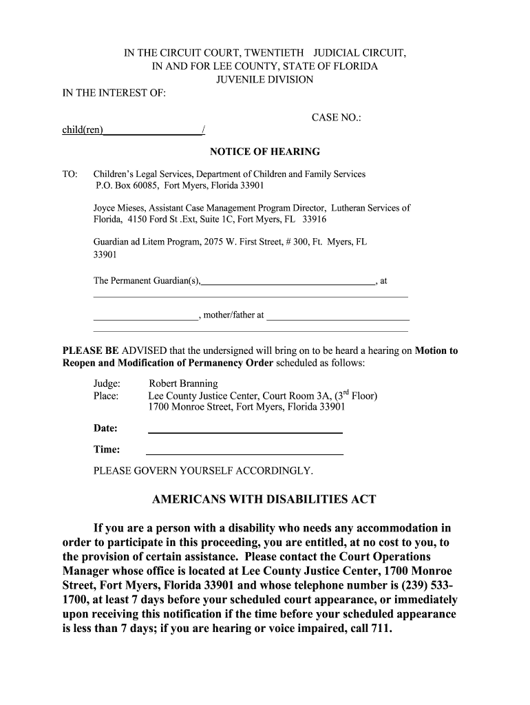 Lee County Notice of Hearing Form  20th Judicial Circuit Florida