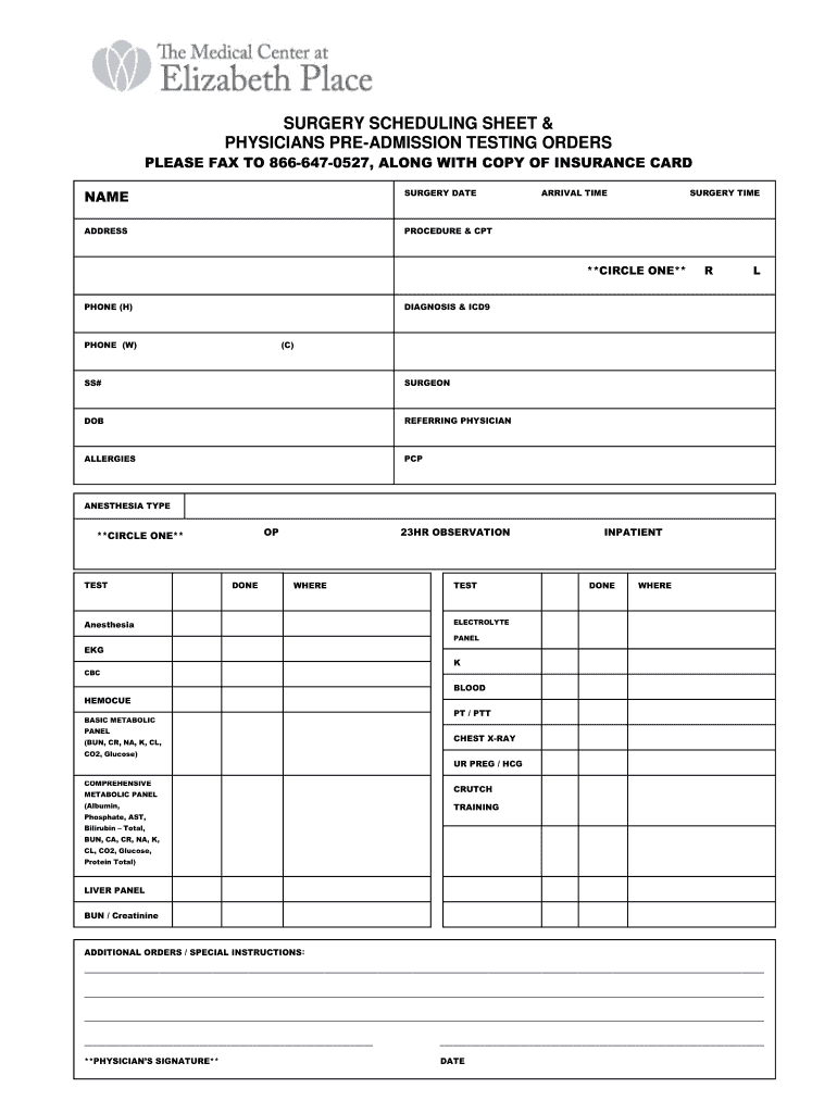 Sample Surgery Schedule Sheet  Form