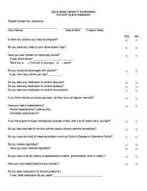 DEXA Bone Density Screening Patient Questionnaire  Form