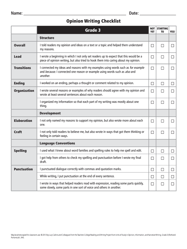 Writing Checklist Grade 3  Form