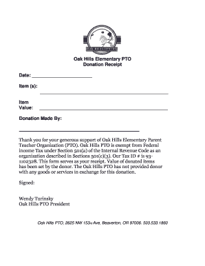 General Tax Donation Receipt Oak Hills PTO Oakhillspto  Form