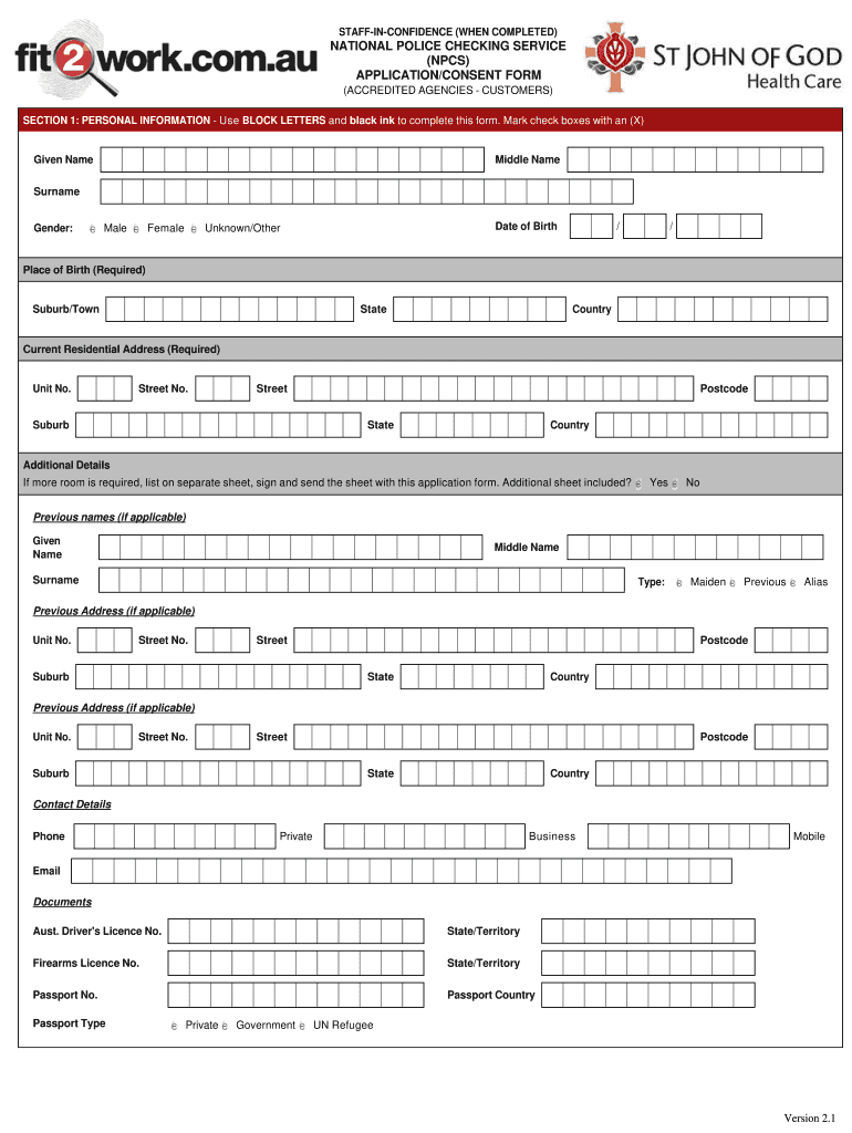 Fit2Work Application  St John of God Health Care  Form