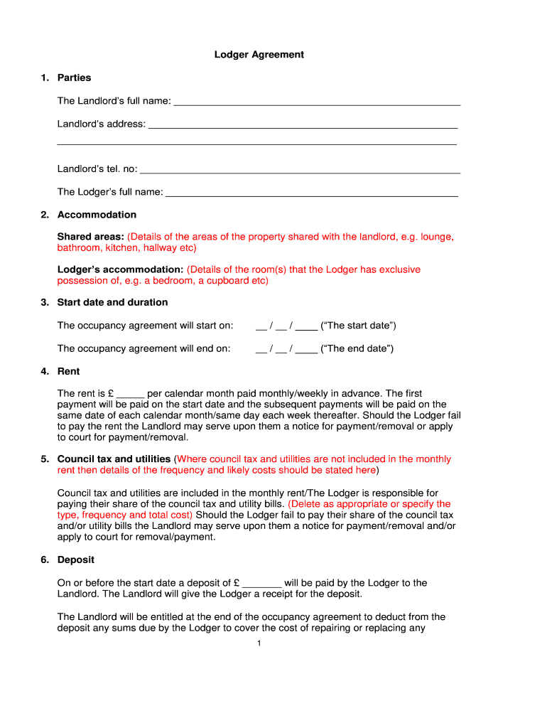 Lodger Agreement  Form