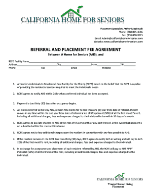 Referral and Placement Fee Agreement California Home for Seniors  Form