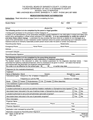 Medication Treatment Authorization Form Sarasota County Schools