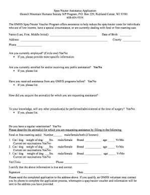 SpayNeuter Assistance Application Ocoochmountainhumanesociety  Form