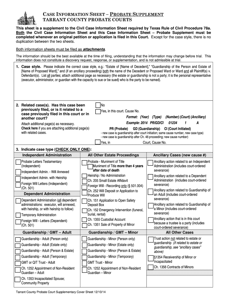 Tarrant County Probate Supplemental Case Information Sheet