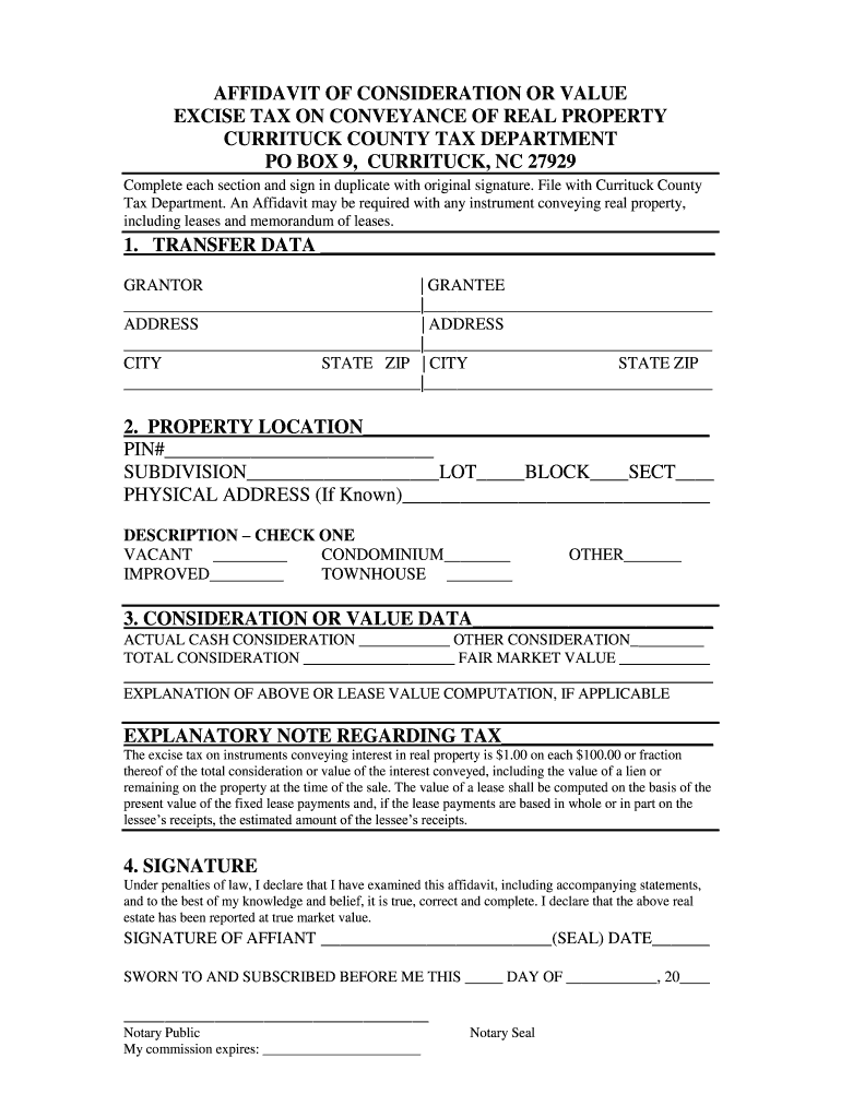 Currituck County Affidavit of Consideration  Form