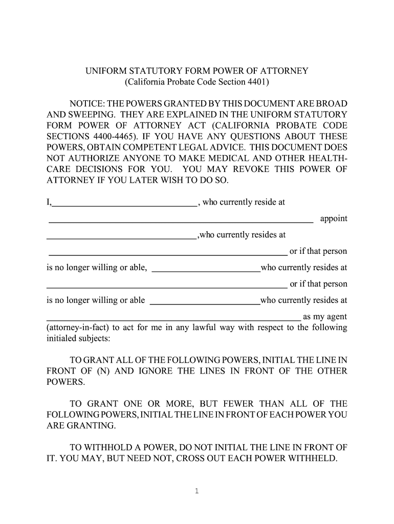  UNIFORM STATUTORY FORM POWER of ATTORNEY California 2013-2024