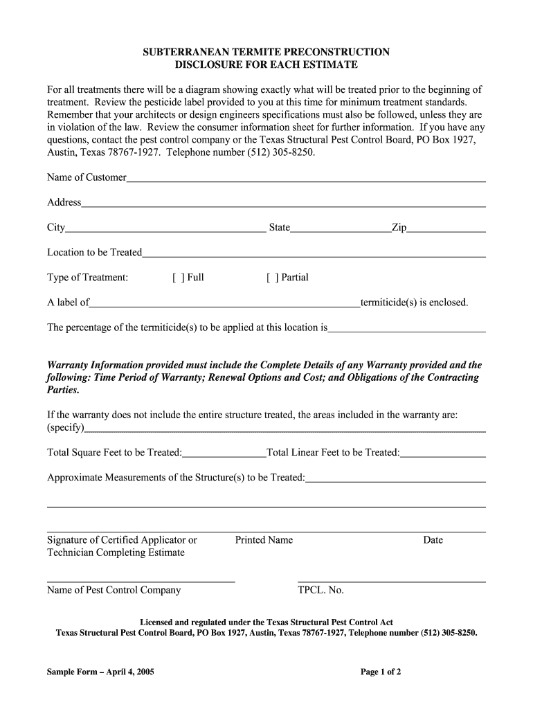  Termite Pretreatment Disclosure Form  Texas Inspector 2005-2024