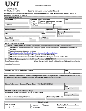 Unt Immunization Records  Form