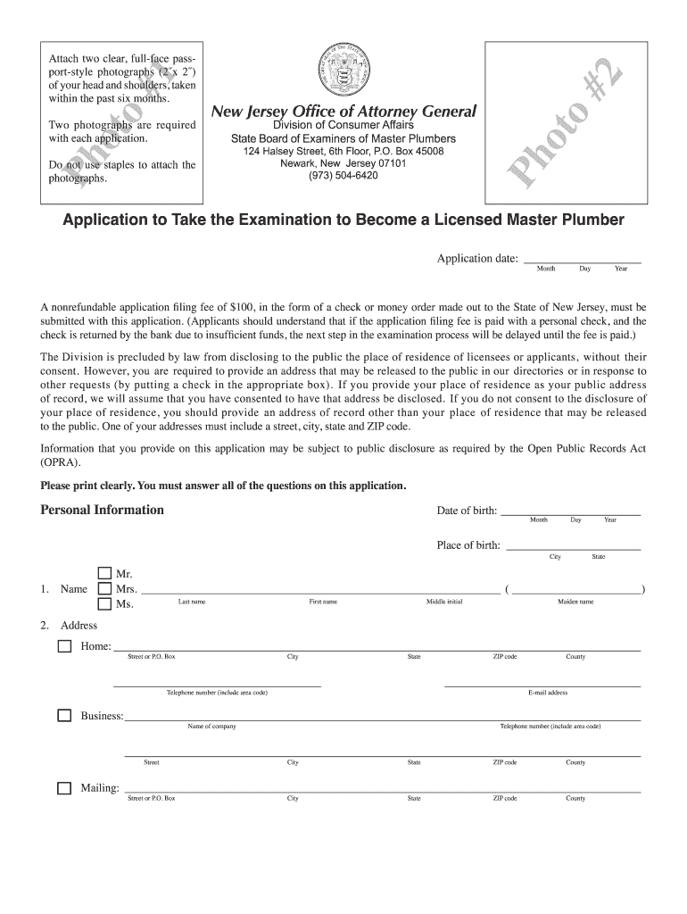 Nj Licensed Plumber  Form