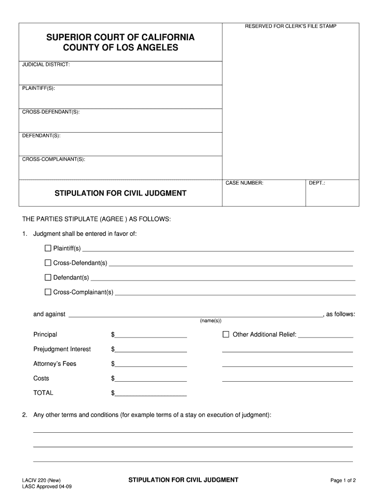 Get and Sign Stipulation for Civil Judgment  Los Angeles Superior Court 2009-2022 Form