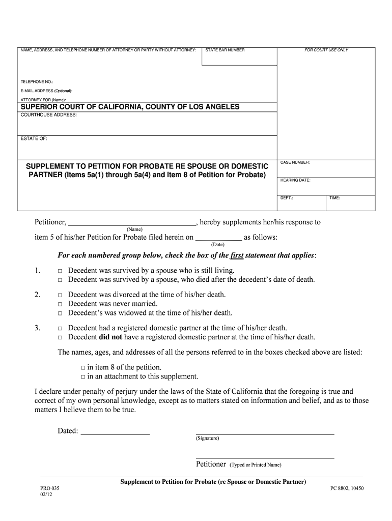  Supplement to Petition for Probate Re Spouse or Domestic Partner 2012-2024