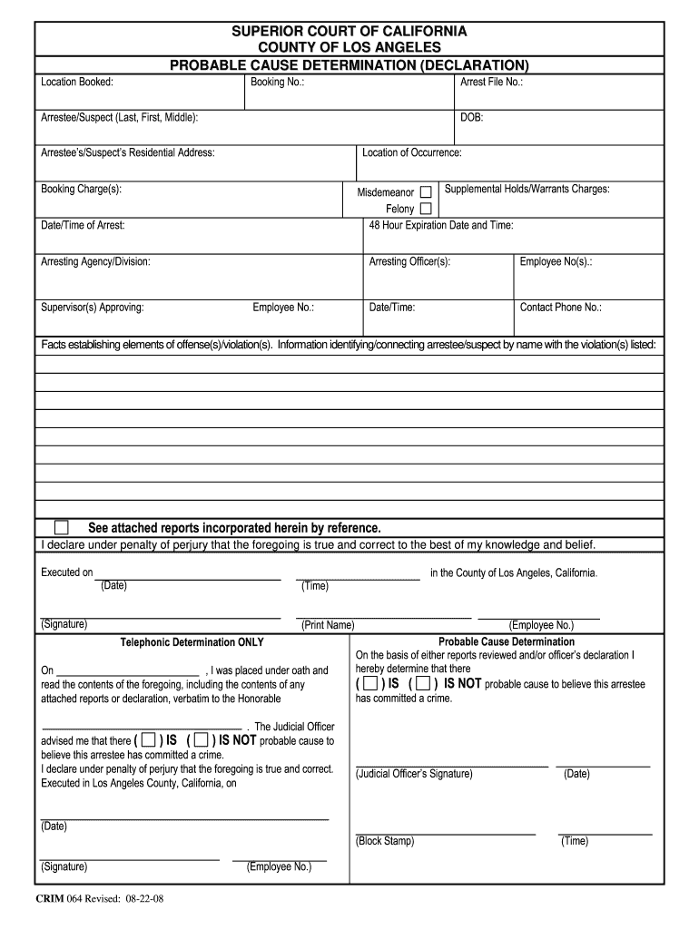  Probable Cause Determination Declaration  Los Angeles Superior 2008