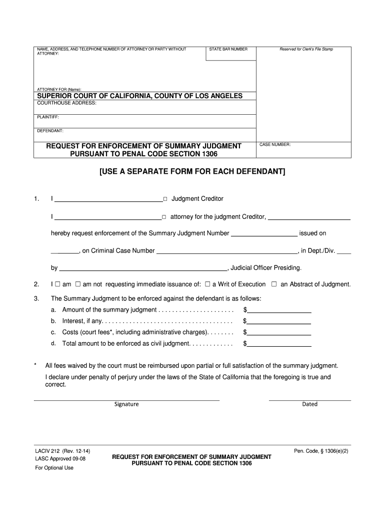  USE a SEPARATE FORM for EACH DEFENDANT Los Angeles 2014-2024