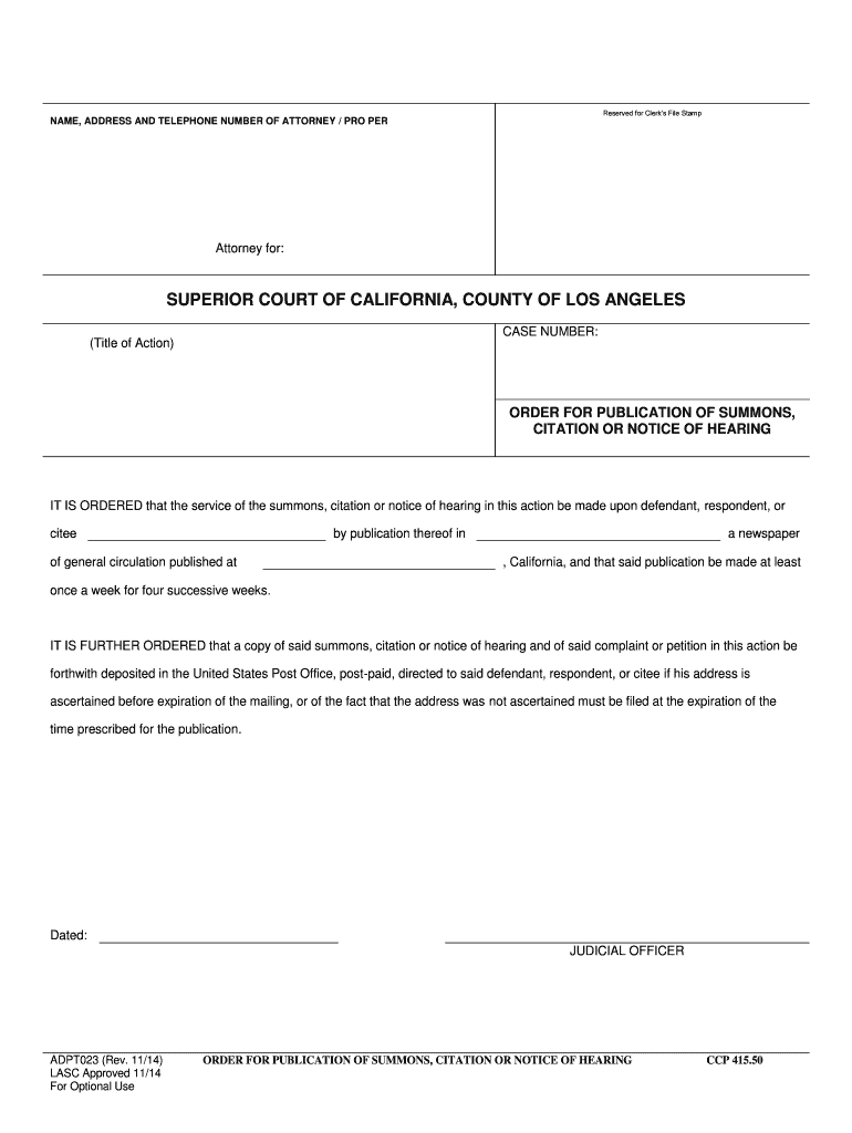  Order for Publication of Summons Citation or Notice of Hearing 2014-2024
