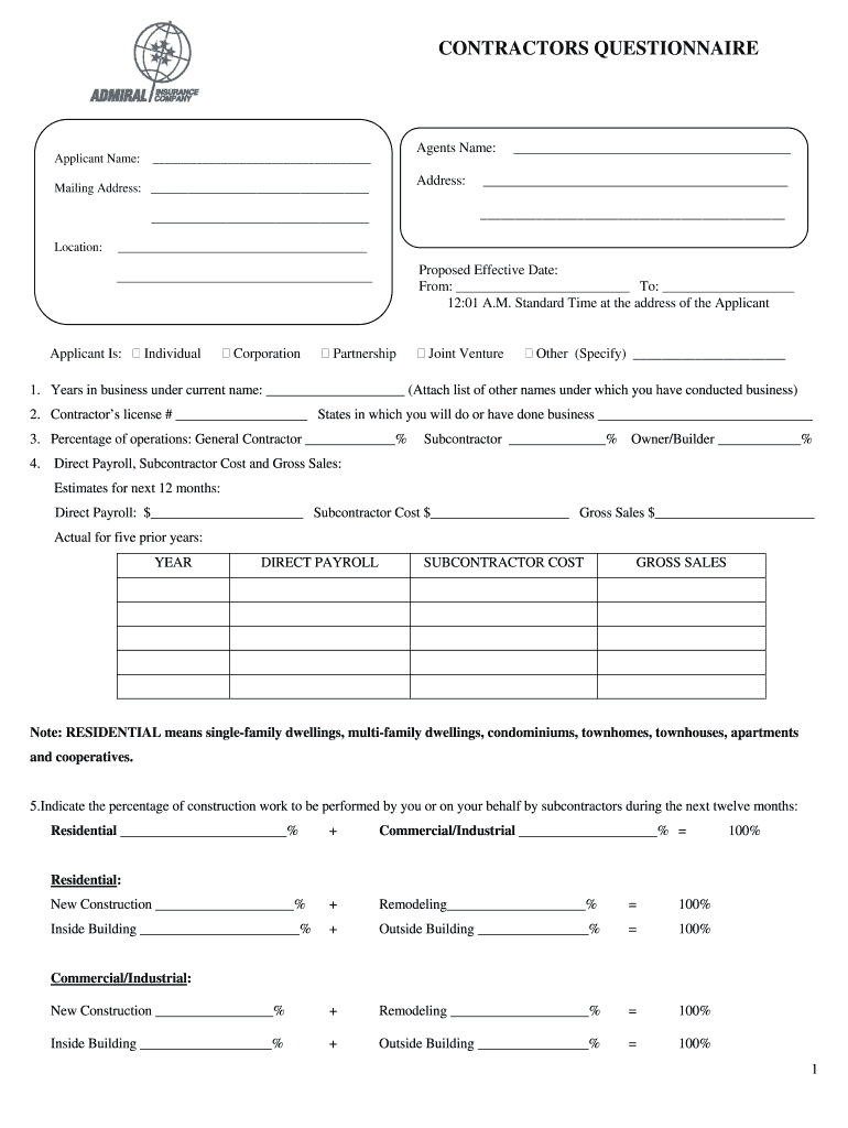  Contractors Questionnaire  Admiral 2003