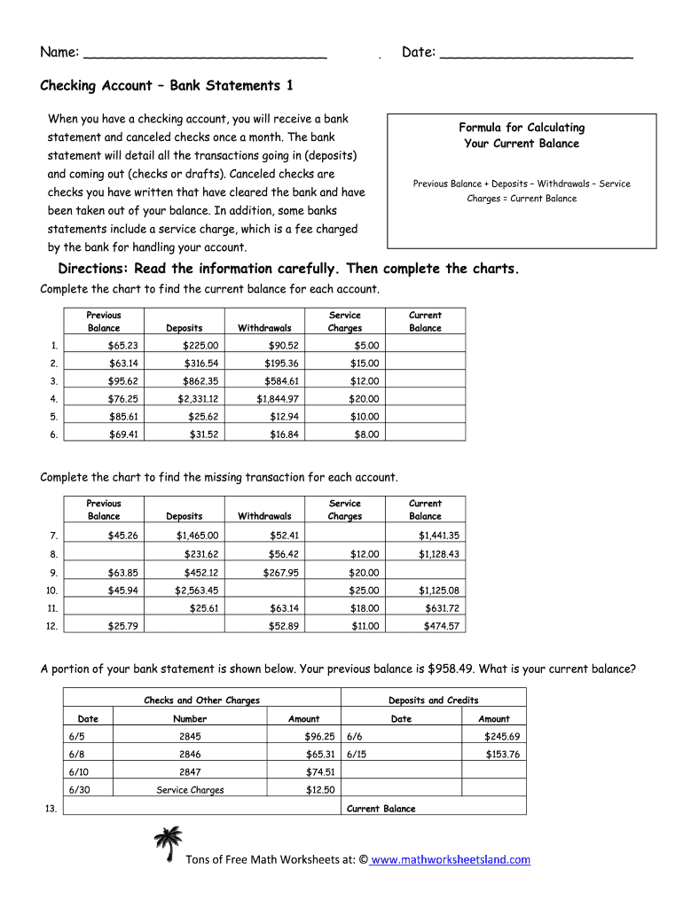 Checking Account Bank Statements 1 Answer Key  Form