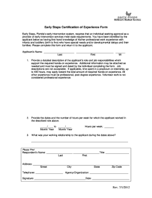  Early Experience Form 2012-2024