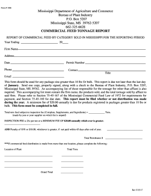 Commercial Feed Tonnage Report Mdac Ms  Form