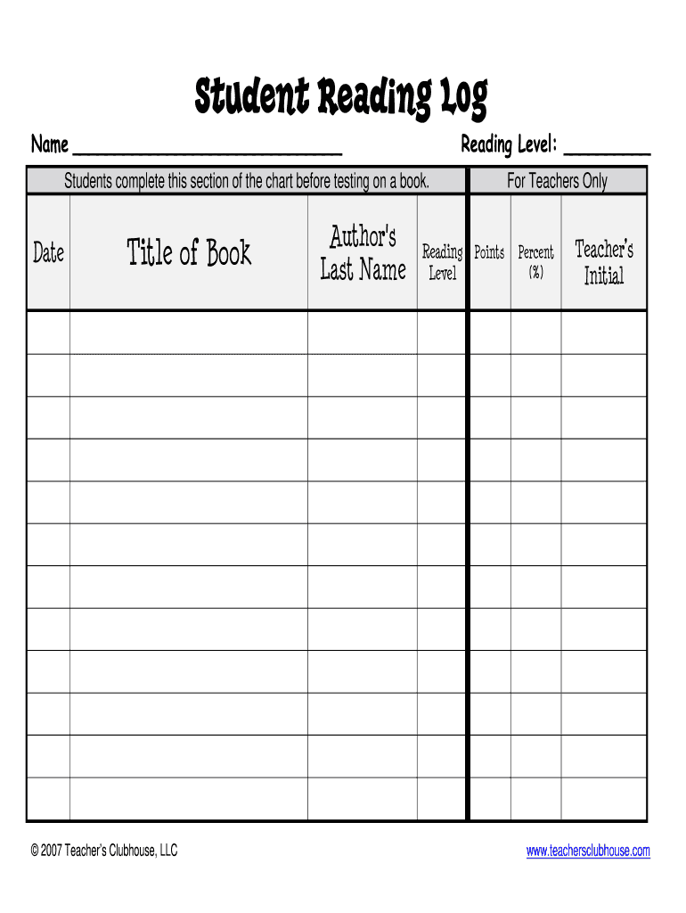 Student Reading Log  Form