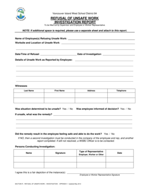 REFUSAL of UNSAFE WORK INVESTIGATION REPORT Sd84 Bc  Form