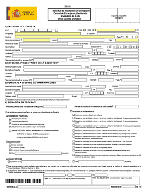 EX18 Solicitud De Inscripcin En El Registro Central De Extranjeros Residencia Ciudadano De La UE Real Decreto 240 Espacios Para   Form