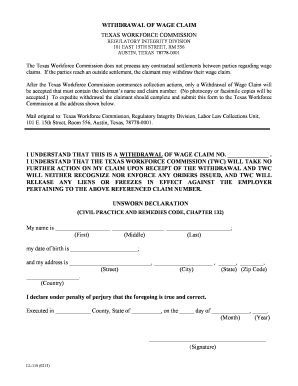  Form LL 119 Withdrawal of Wage Claim Texas Workforce Twc Texas 2013-2024