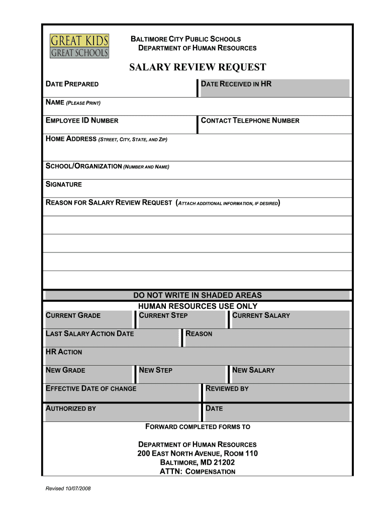 Get and Sign Salary Review Request Form Baltimore City Public Schools Pcab Baltimorecityschools 2008-2022