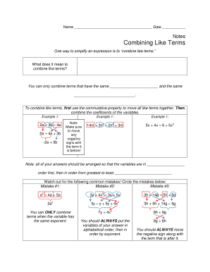 Combine Like Terms Notes  Form