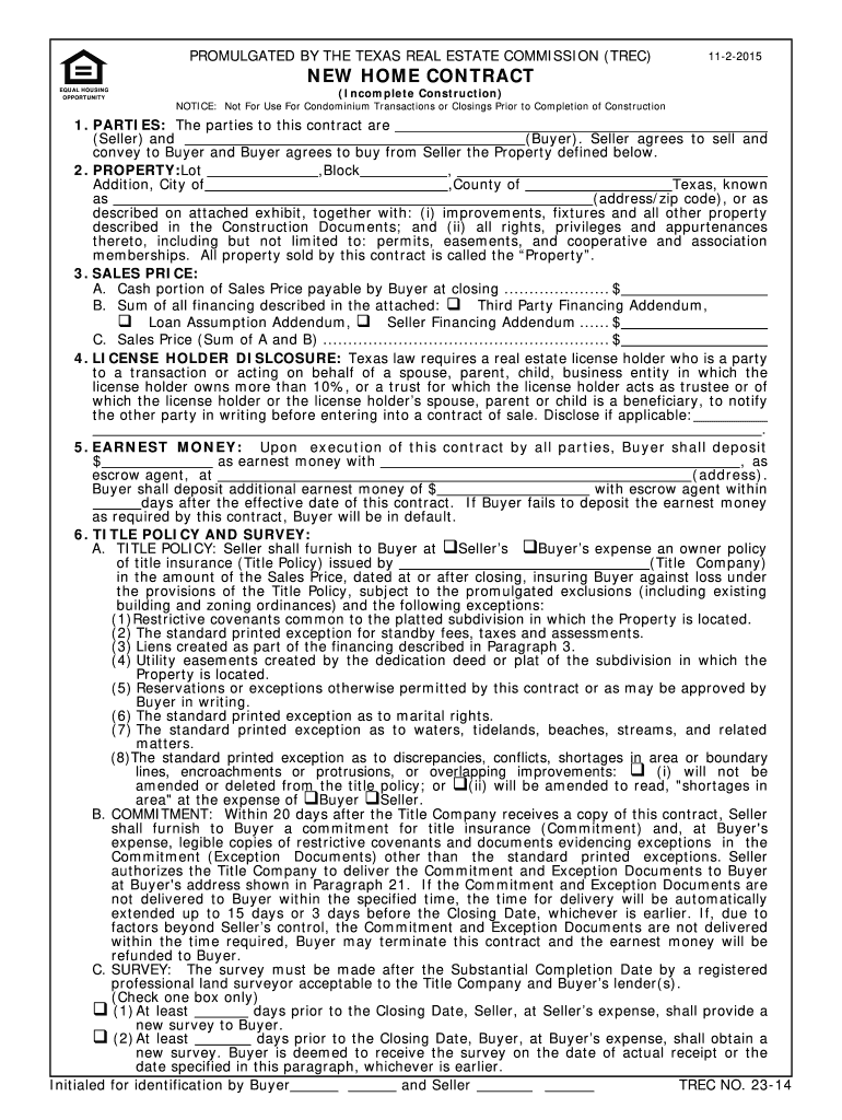 Trec New Home Contract Incomplete Construction  Form