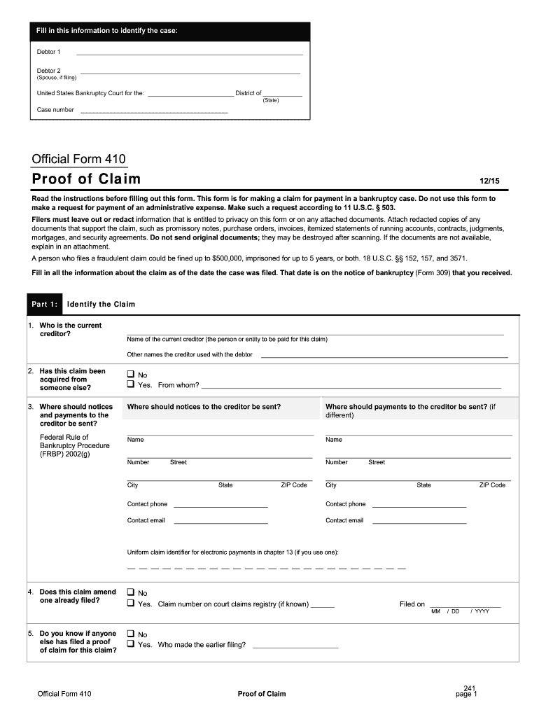 Get and Sign Official Form 410a Proof of Claim Instructions