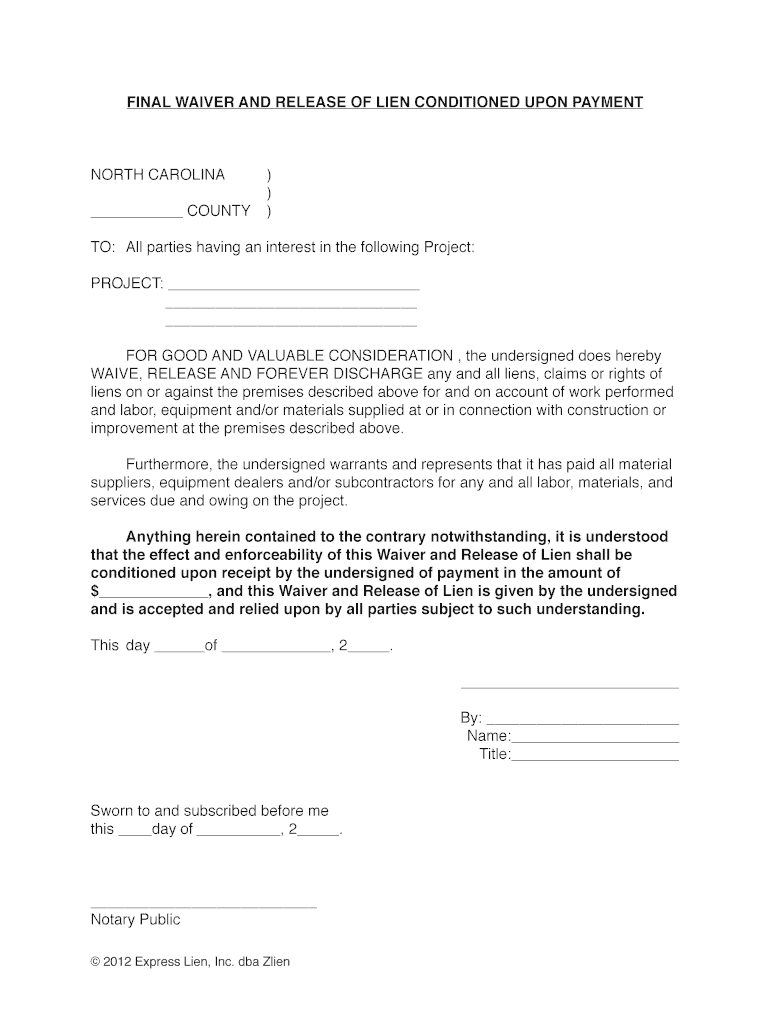 Lien Waiver Form Nc