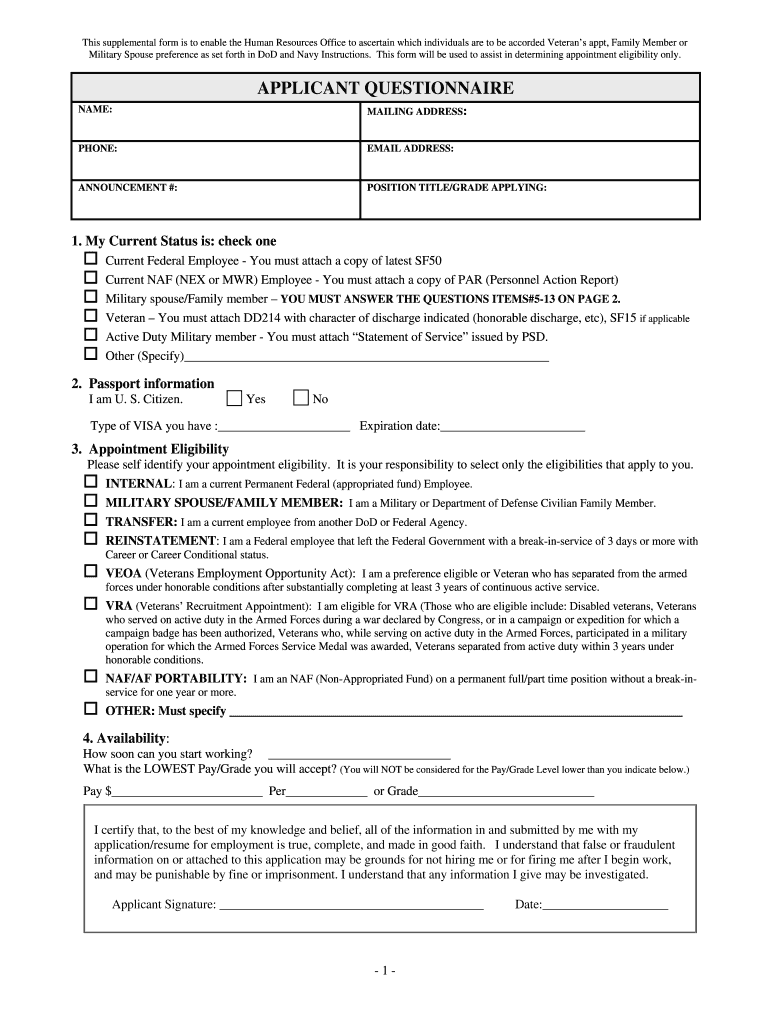 Get and Sign FAMILY MEMBERMILITARY SPOUSE SUPPLEMENT  CNIC  Cnic Navy  Form