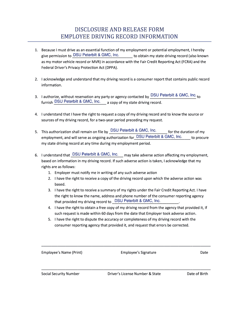 Disclosure and Release Form Employee Driving Record Information