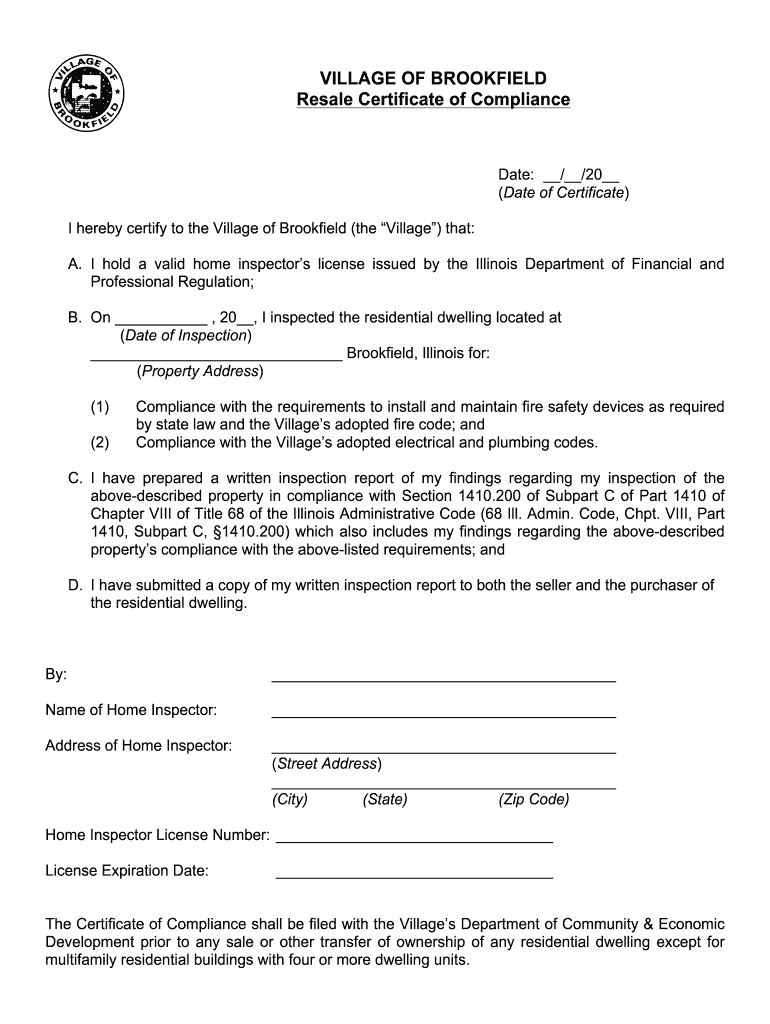 Certificate of Home Resale Inspection  Village of Brookfield  Form