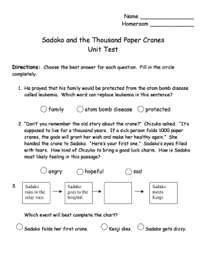 Sadako and the Thousand Paper Cranes Questions  Form